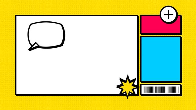 Colorful comic book style speech bubble and barcode design elements.