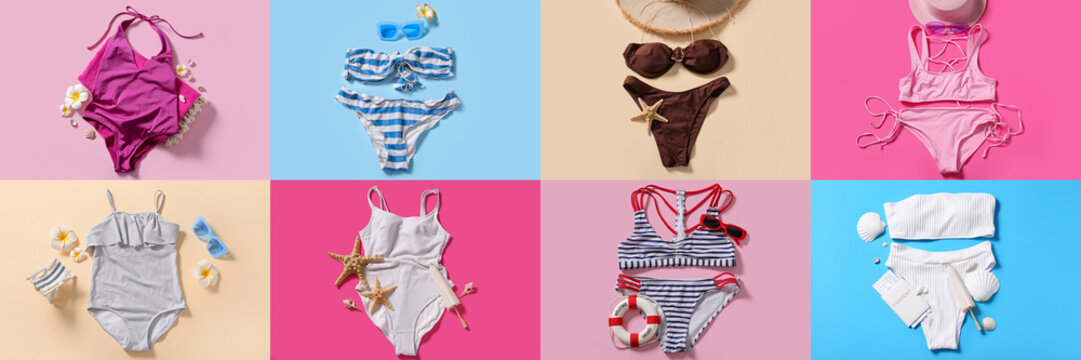 Flat lay of assorted swimsuits with summer accessories on colorful backgrounds