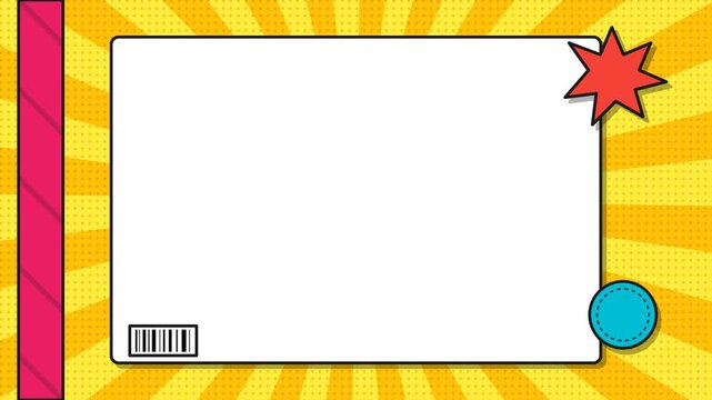 Colorful comic book style frame with starburst background.