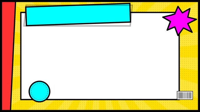 Colorful comic book style frame with geometric shapes and stars.