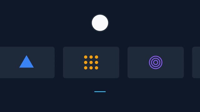 Minimalist UI UX Carousel Animation Featuring Colorful Geometric Icons on a Sleek Dark Background