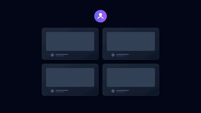 Modern UI Dashboard Animation Featuring Minimalist Content Cards and User Profile Icon on Dark Background