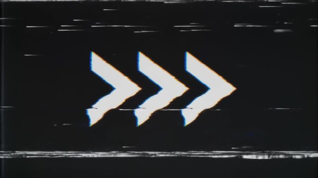 Retro VHS fast-forward overlay with white chevrons and analog glitch on black background.