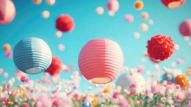 Brightly colored lanterns and flowers create a vibrant and joyful scene.