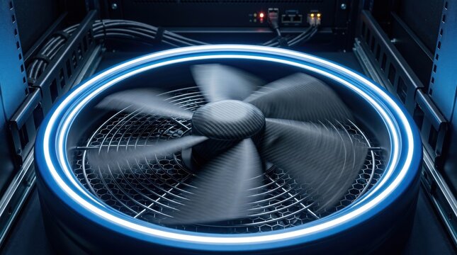 High-performance computer cooling fan with blue LED ring in server rack
