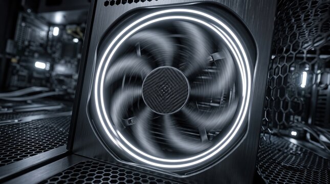 High-performance computer cooling fan with white LED ring light spinning inside a PC case, gaming hardware components