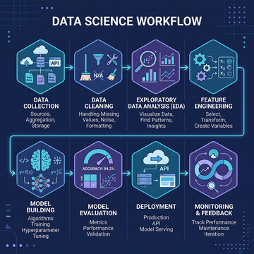 A detailed infographic flowchart outlining the complete data science workflow, from data collection to deployment and continuous monitoring.