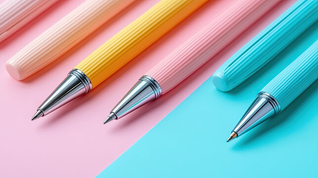 Pastel Pens Lined Up on Pink and Blue Background, Soft Color Stationery, Close-up Macro Shot