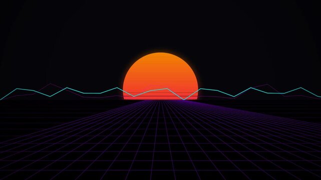 Vibrant sunset over a digital wireframe mountain landscape.
