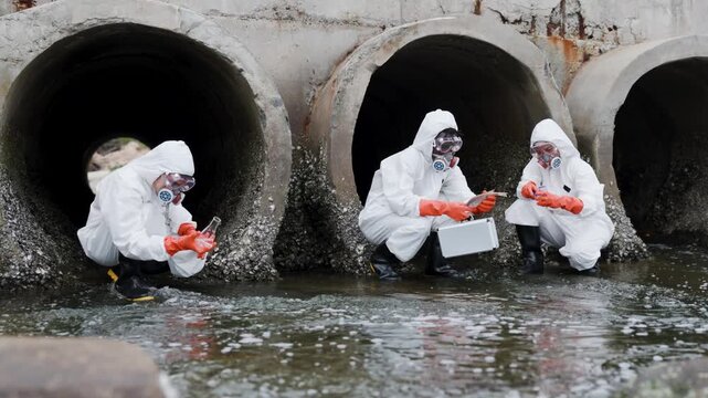 Researchers in hazmat suits collect and test wastewater samples at concrete drainage pipes, assessing polluted runoff in an urban sewer environment.