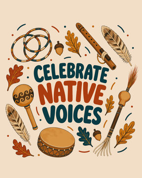 Celebrate Native Voices &ndash; Indigenous Cultural Instruments and Symbols Illustration
