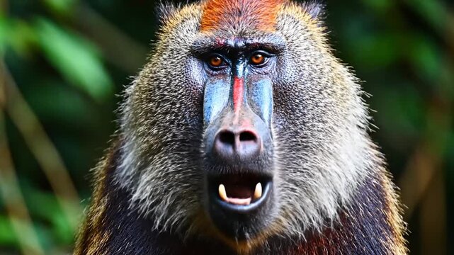 Close up portrait of mandrill monkey in rainforest