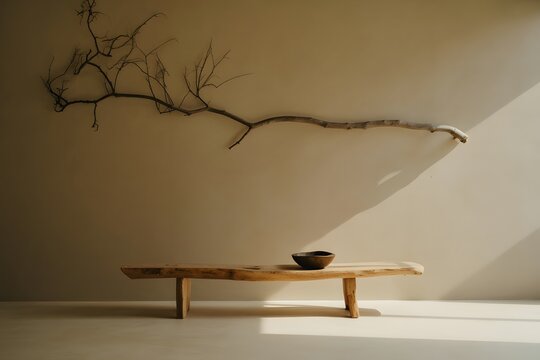 Minimalist interior design with wooden bench and branch wall decor, interior