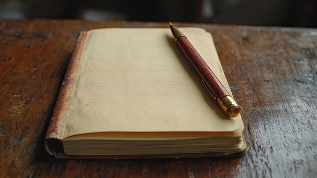 Vintage Notebook and Pen on Wooden Table: Retro Writing and Journaling Concept