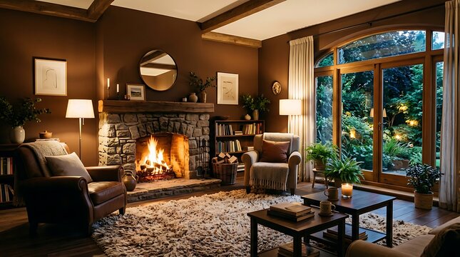 Warm and rustic living room interior with burning stone fireplace, leather armchair and garden view