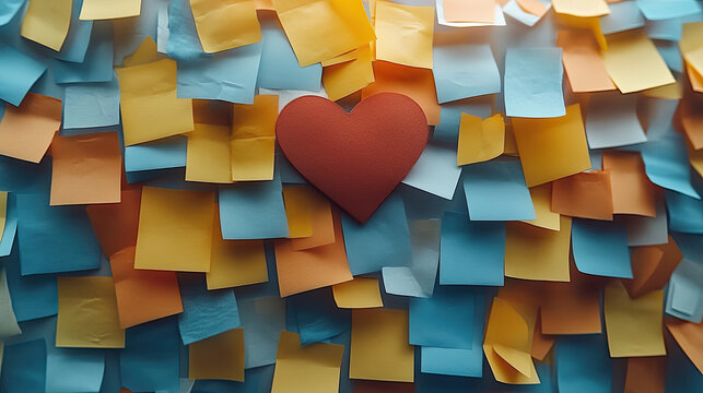 Red Heart Amidst Colorful Sticky Notes Wall: Love, Memory, Connection, And Communication Concept