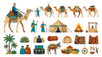 Naklejka premium Flat Vector Illustration Set: Arabian Desert Travel, Nomadic Life, and Middle Eastern Culture Icons