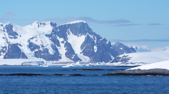 Antarctica Epic Landscape of Mountains Covered in Snow, Ice, Glaciers. Beautiful View From Cruise Ship in Bismark Strait Day. Rocky Islands Water