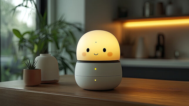 Cute AI Robot Companion with Glowing Face on Table, Smart Home Device