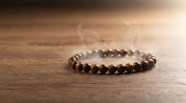 Traditional Wooden Mala Prayer Beads with Incense Smoke on Rustic Wood Surface for Zen Meditation