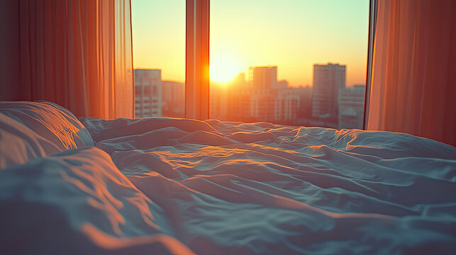 Sunrise over city skyline viewed from bedroom window with sunlight illuminating rumpled white bedding.