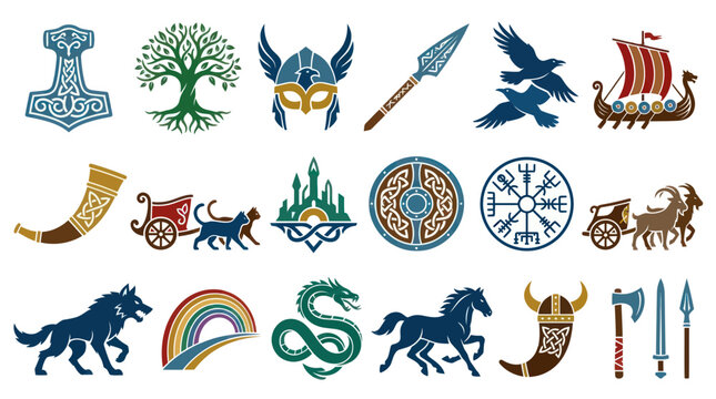 Viking Norse Mythology Icons Set: Ancient Scandinavian Symbols  Cultural Elements in Flat Vector Design