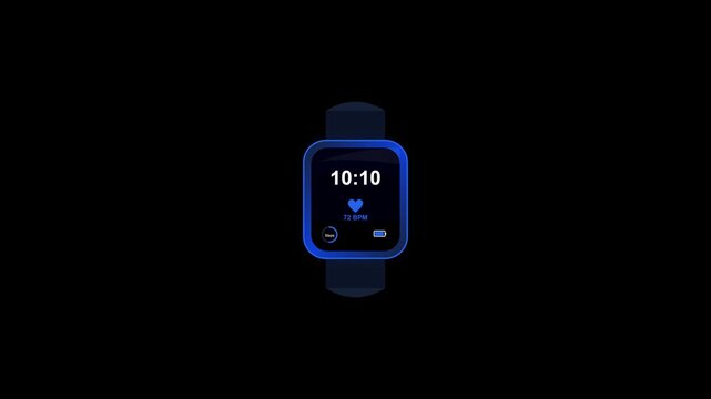 Minimalist Smartwatch Animation with Heart Rate Monitor, Clock, and Step Counter on Black Background