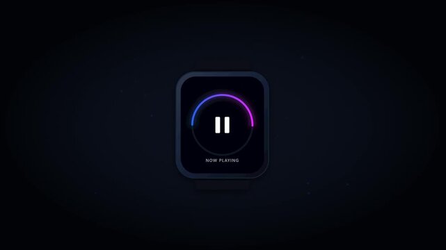 Modern Smartwatch UI Music Player Animation Featuring Play Pause and Skip Icons with Neon Progress Bar