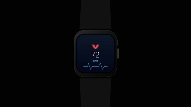 Minimalist Smartwatch Animation Displaying Time, Weather Forecast, Heart Rate BPM and Step Counter UI