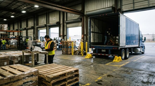 cross-dock freight planning concept with tractor trailer, pallets, dock doors, wheel chocks, and overhead bay lights