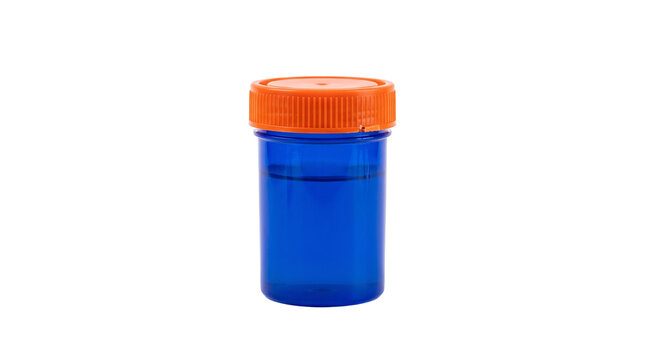 Blue translucent container with orange screw cap filled with clear liquid PNG Isolated on transparent background