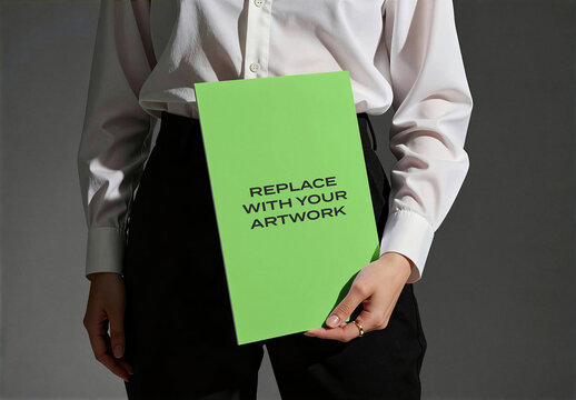 Vertical brochure mockup held by a person in white shirt and black pants, realistic print presentation with cover placeholder text, studio environment