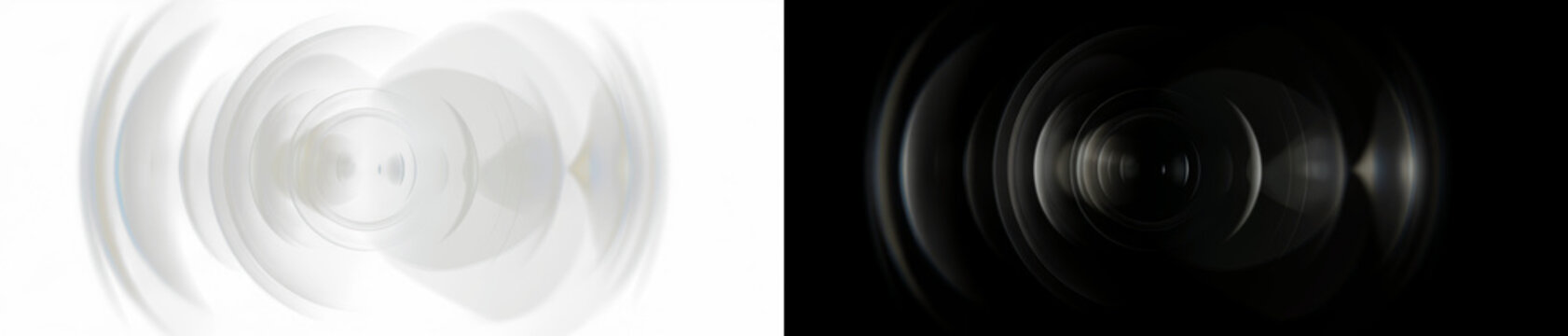 Abstract lens flare and light leak overlay, circular ripple effect with glowing concentric rings on black and white background, digital light texture for photography, motion graphics