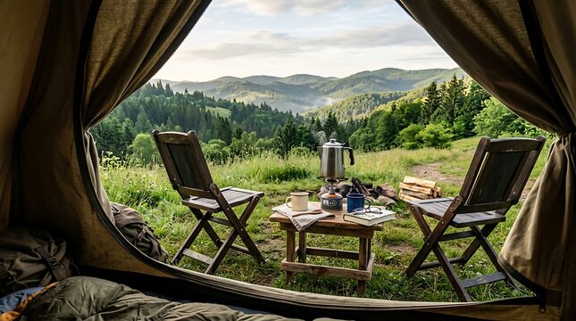 View from inside a camping tent overlooking a scenic mountain landscape
