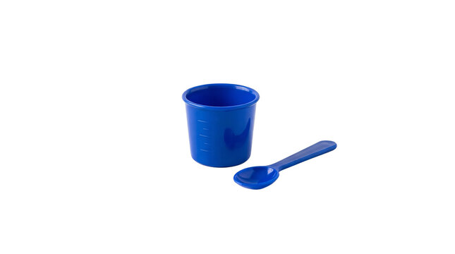 Blue plastic measuring cup and spoon for liquid medication dosage PNG Isolated on transparent background