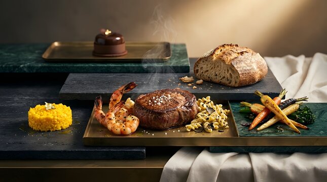 Gourmet surf and turf steak dinner with shrimp and sides on a luxury table setting