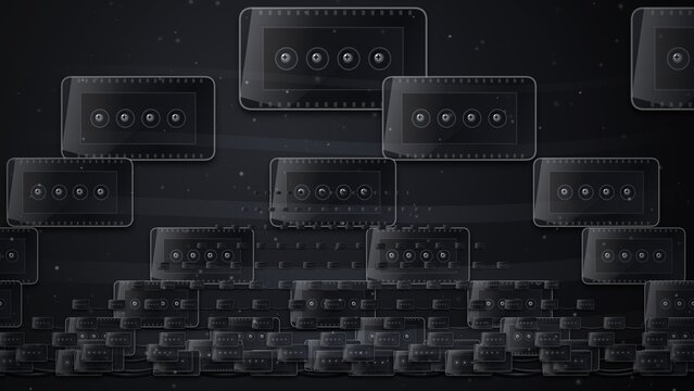 Abstract film strips and glowing buttons dark background digital composition