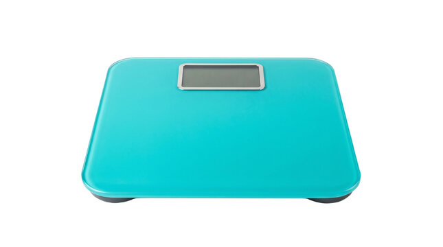 Modern digital bathroom scale with a bright teal glass surface and LCD display PNG Isolated on transparent background