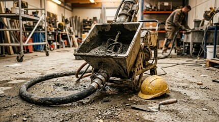 Fototapeta premium Masonry mortar pump equipment with hopper, hose, nozzle clamp, mixing paddle, safety helmet and trowel on wet cement floor.