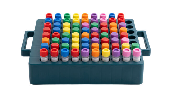Rack of colorful capped vials for laboratory or medical use PNG Isolated on transparent background
