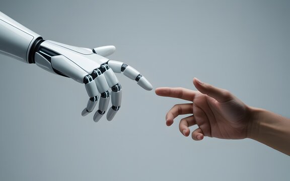Robotic hand and human hand reaching out to touch each other with artificial