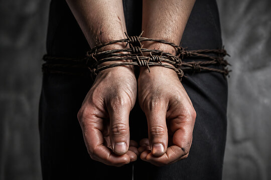 A pair of hands bound tightly with thick ropes against a dark, moody background.