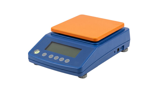 Digital Weighing Scale with Blue Body and Orange Platform PNG Isolated on transparent background