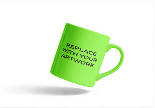 Ceramic mug mockup with placeholder text floating in a studio space, isolated on white background, realistic product presentation for branding, graphic design, print, Template