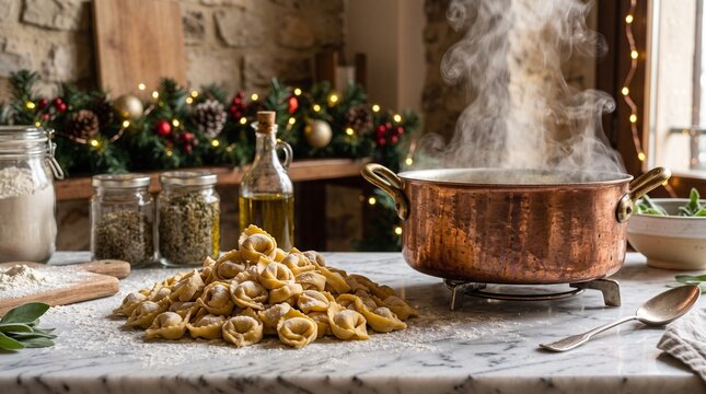 Freshly made raw tortellini pasta on floured surface next to simmering pot of golden meat broth