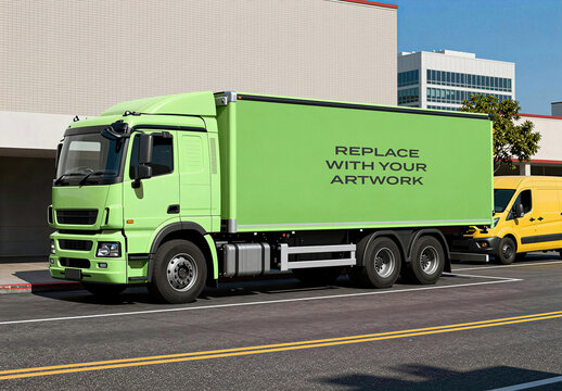 Delivery truck mockup with placeholder text on the side, parked in an urban commercial lot a yellow van and modern buildings background, Template, realistic vehicle branding presentation