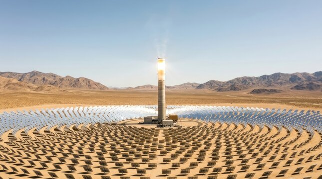 Solar power plant mirror field generating clean renewable energy in desert landscape