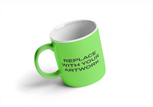 Ceramic mug mockup with white interior and handle, angled view on isolated background, realistic product presentation for branding graphic design, template artwork placement
