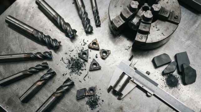 carbide tooling assortment with end mills, indexable inserts, lathe chuck jaws, calipers, and tungsten carbide blanks on steel