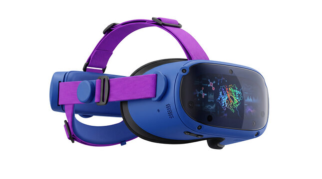 Blue and purple virtual reality headset displaying molecular structures and data PNG Isolated on transparent background